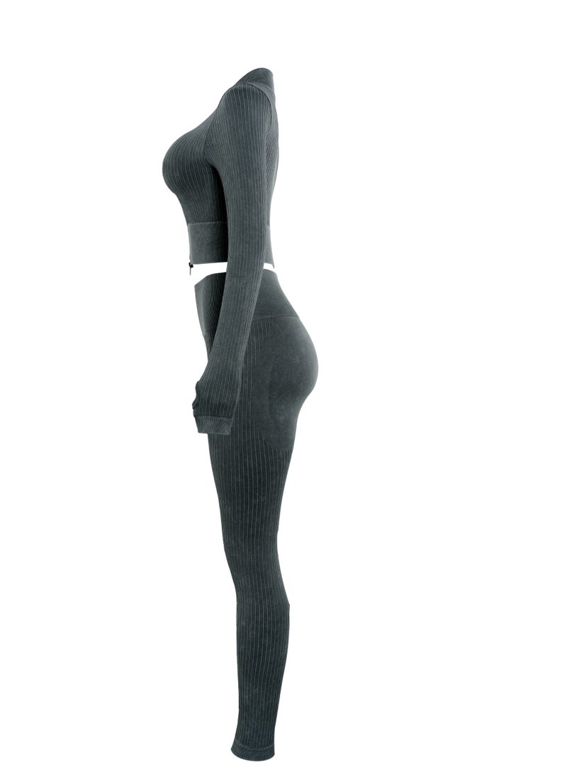 Women's Full Length Zipper Yoga Set - Long Sleeves and Pants, Stretchy and Slim Fit Activewear Perfect for Yoga, Gym and Outdoor Workouts - Image 2